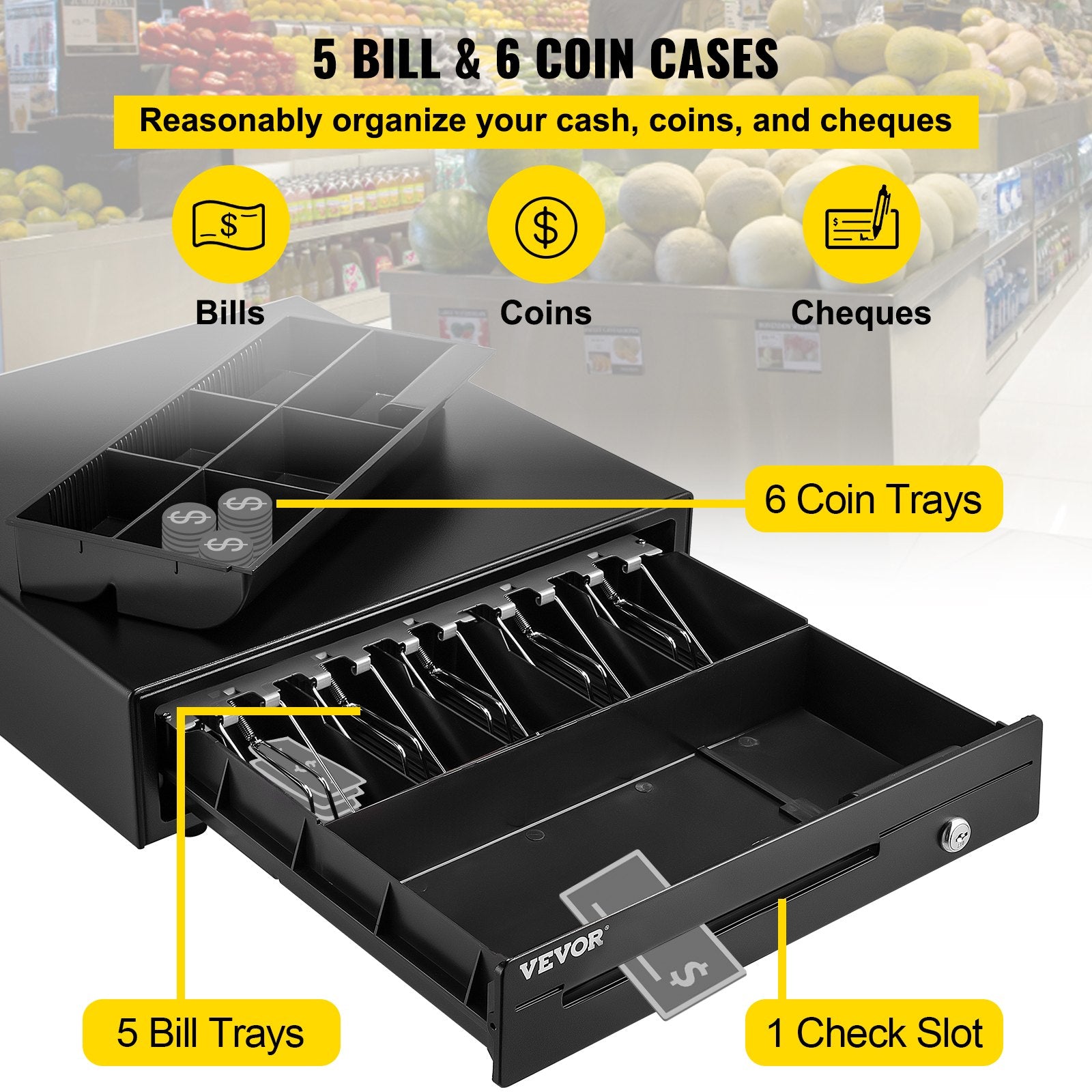Cash Register Drawer, 16" 12 V, for POS System with 5 Bill 6 Coin Cash Tray, Removable Coin Compartment & 2 V952-QDXXJCTYCWC16LIA2V0