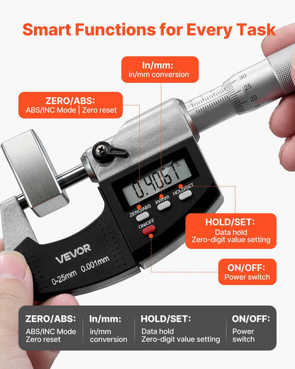 Micrometer Set, Digital Outside Micrometer 0-25.4 mm Measuring Range, 0.001 mm Resolution, Ultra-Precision V952-QFCTZWJQFC01PF0V5001V9