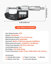 Micrometer Set, Digital Outside Micrometer 0-25.4 mm Measuring Range, 0.001 mm Resolution, Ultra-Precision V952-QFCTZWJQFC01PF0V5001V9