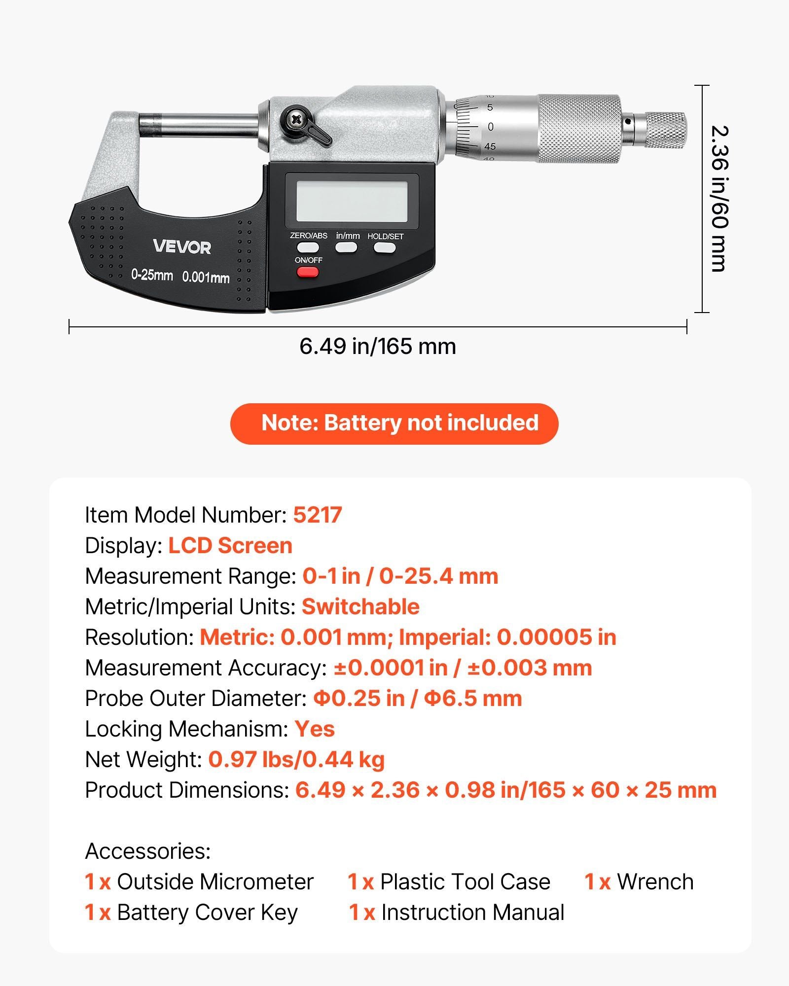 Micrometer Set, Digital Outside Micrometer 0-25.4 mm Measuring Range, 0.001 mm Resolution, Ultra-Precision V952-QFCTZWJQFC01PF0V5001V9