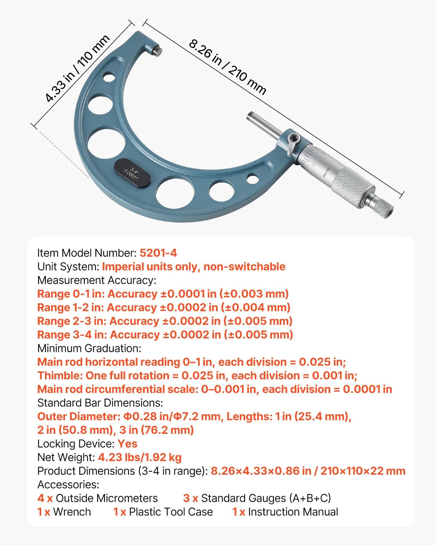 4 PCS Micrometer Set, 0-1/1-2/2-3/3-4 in Machinist Outside Micrometer, Ultra-Precision Accuracy, Professional V952-QFCTZWJQFC04NF184001V0