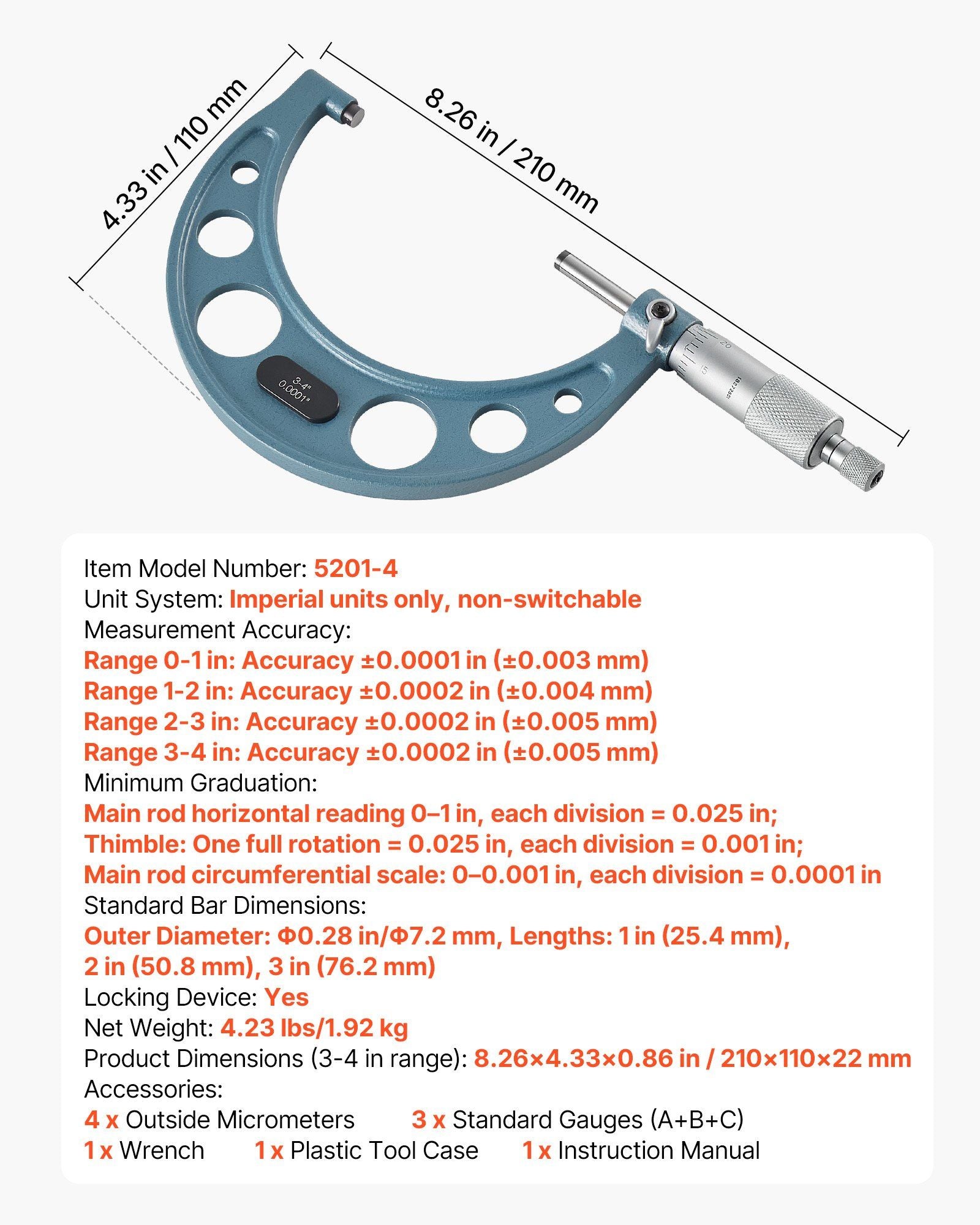 4 PCS Micrometer Set, 0-1/1-2/2-3/3-4 in Machinist Outside Micrometer, Ultra-Precision Accuracy, Professional V952-QFCTZWJQFC04NF184001V0