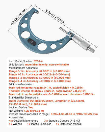 4 PCS Micrometer Set, 0-1/1-2/2-3/3-4 in Machinist Outside Micrometer, Ultra-Precision Accuracy, Professional V952-QFCTZWJQFC04NF184001V0