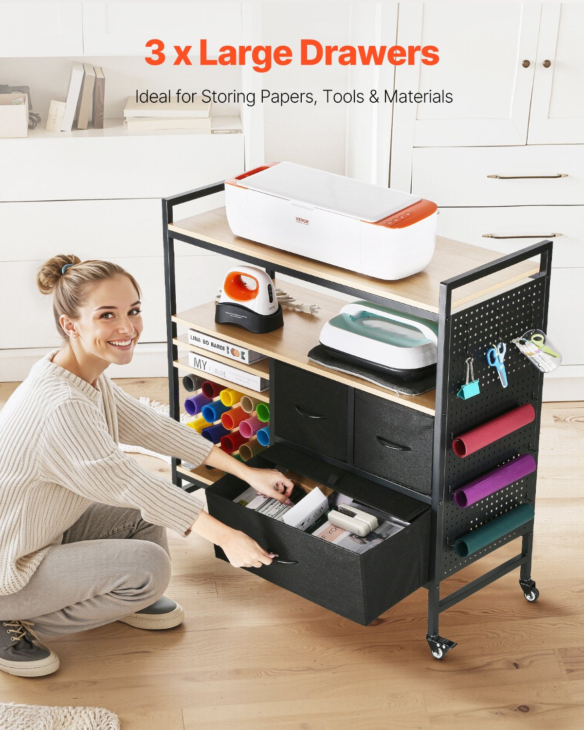 Rolling Craft Cart and Storage Table with 20 Vinyl Roll Holders 3 Drawers Black V952-QGJZHSMABGFB20V46V0