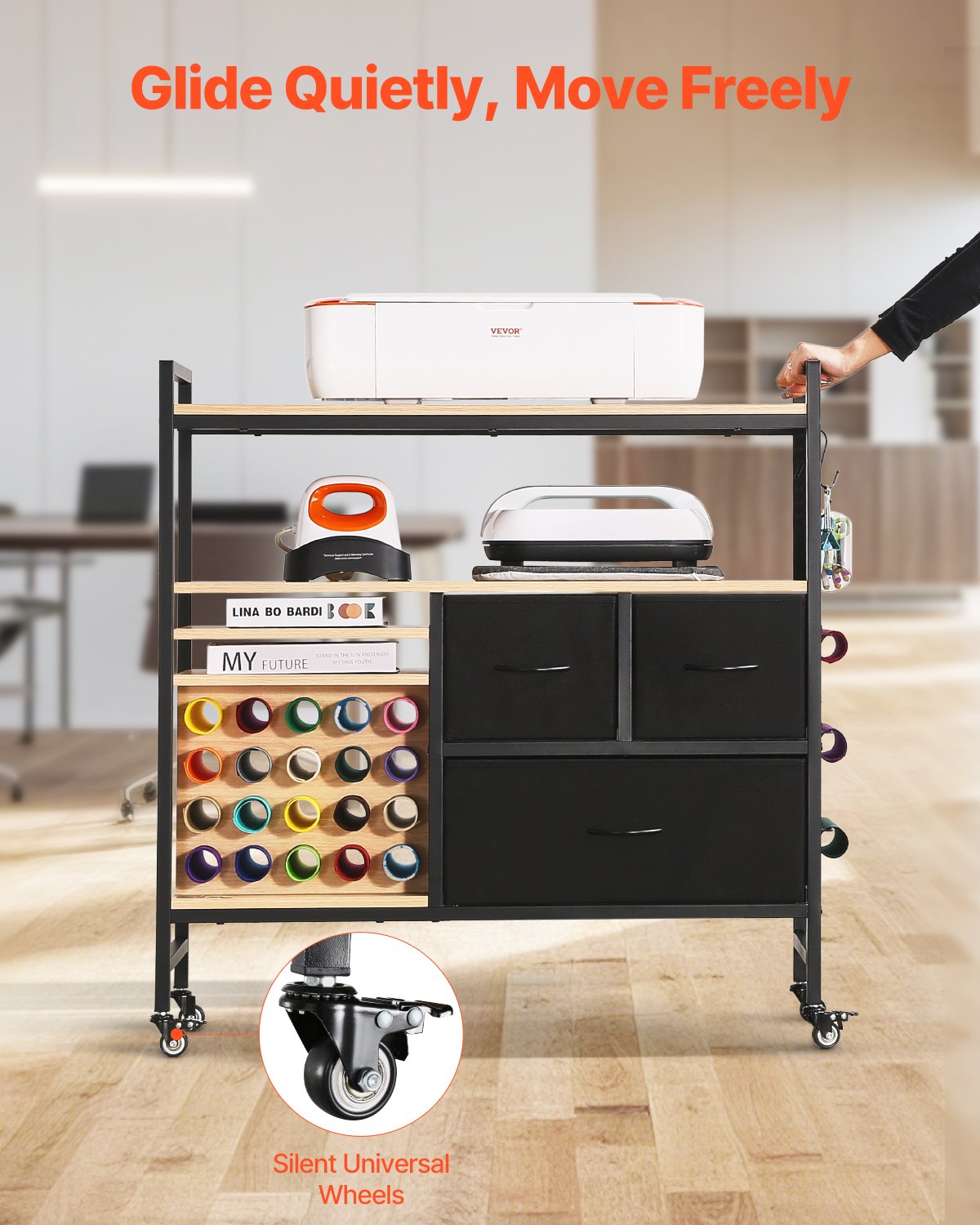 Rolling Craft Cart and Storage Table with 20 Vinyl Roll Holders 3 Drawers Black V952-QGJZHSMABGFB20V46V0
