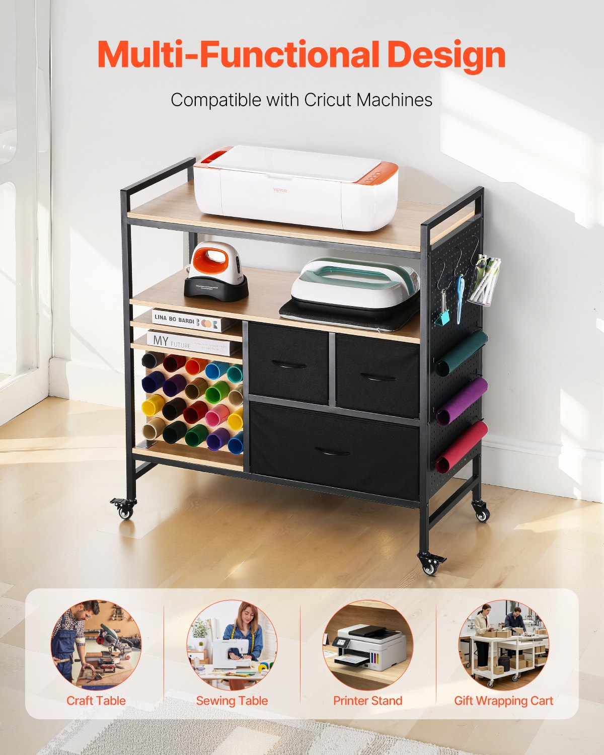 Rolling Craft Cart and Storage Table with 20 Vinyl Roll Holders 3 Drawers Black V952-QGJZHSMABGFB20V46V0
