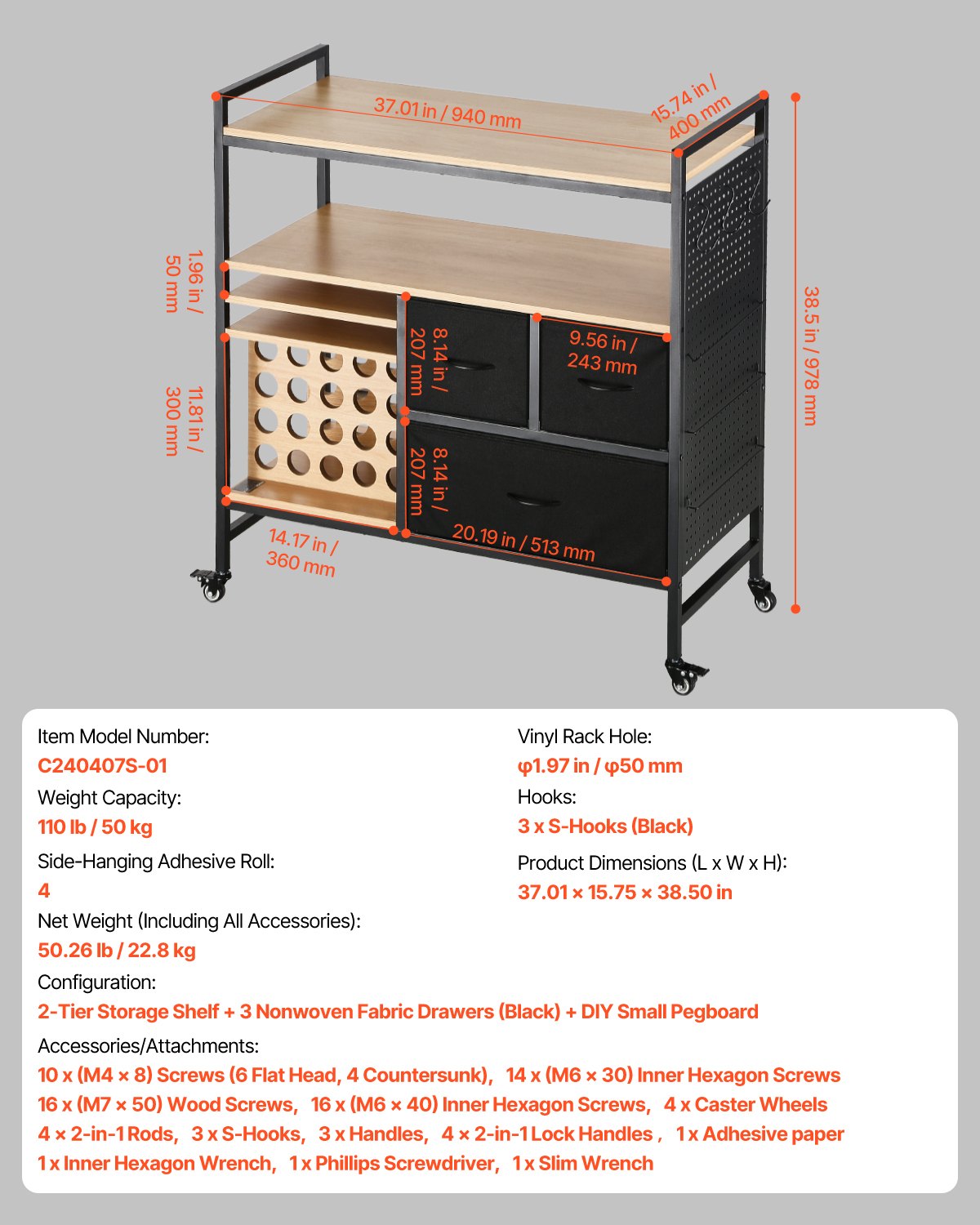 Rolling Craft Cart and Storage Table with 20 Vinyl Roll Holders 3 Drawers Black V952-QGJZHSMABGFB20V46V0
