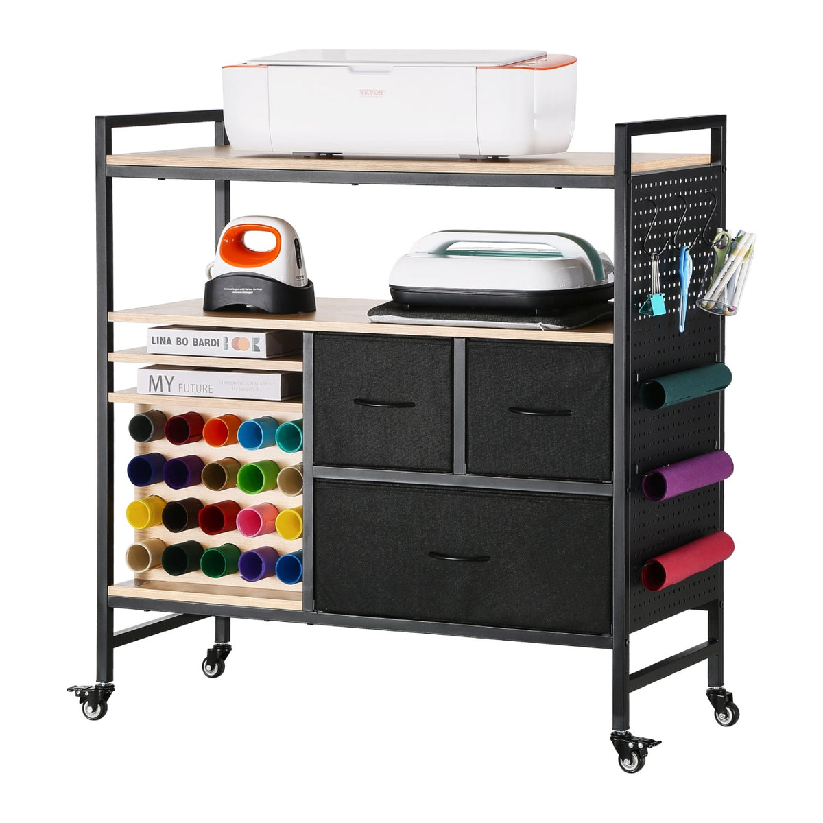 Rolling Craft Cart and Storage Table with 20 Vinyl Roll Holders 3 Drawers Black V952-QGJZHSMABGFB20V46V0