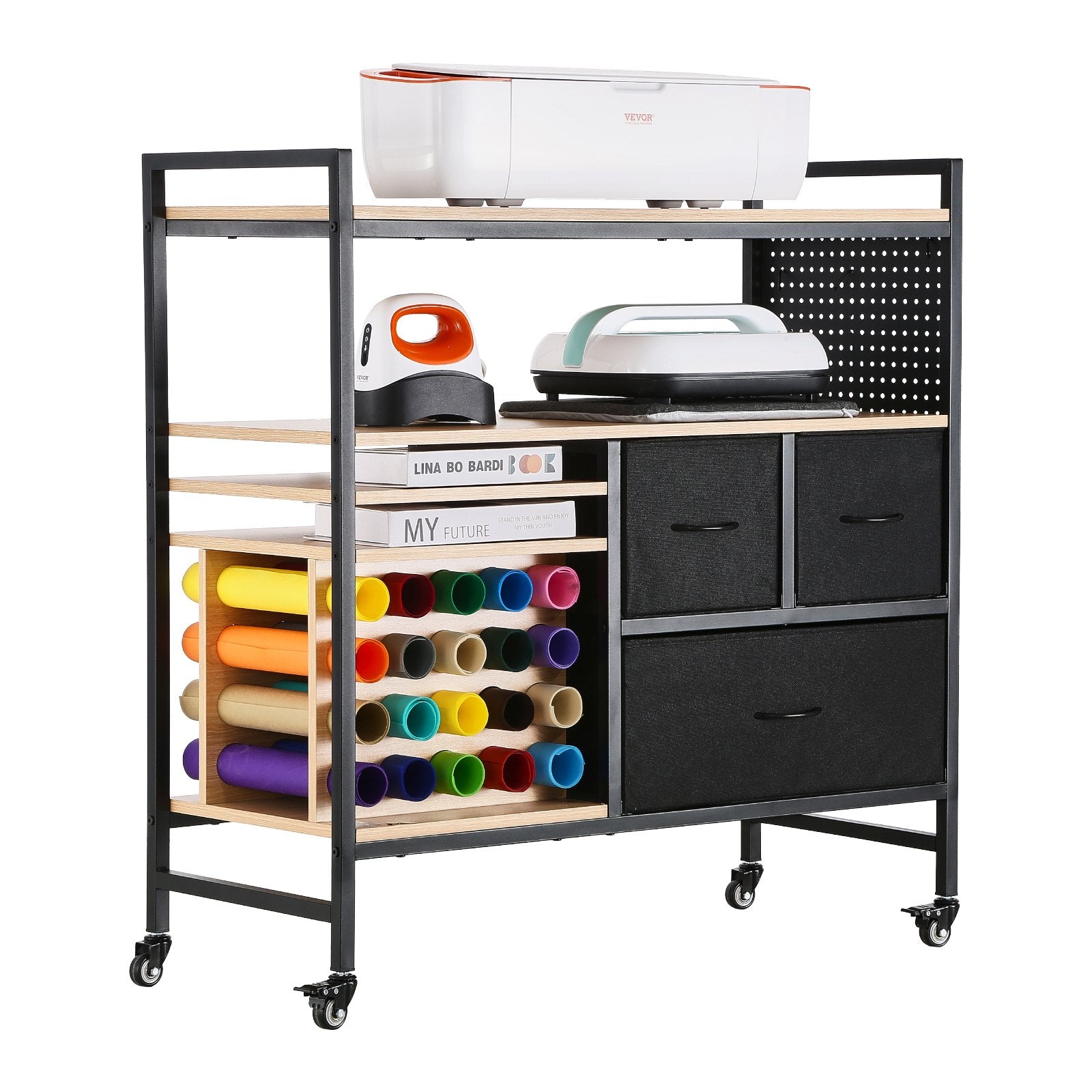 Rolling Craft Cart and Storage Table with 20 Vinyl Roll Holders 3 Drawers Black V952-QGJZHSMABGFB20V46V0