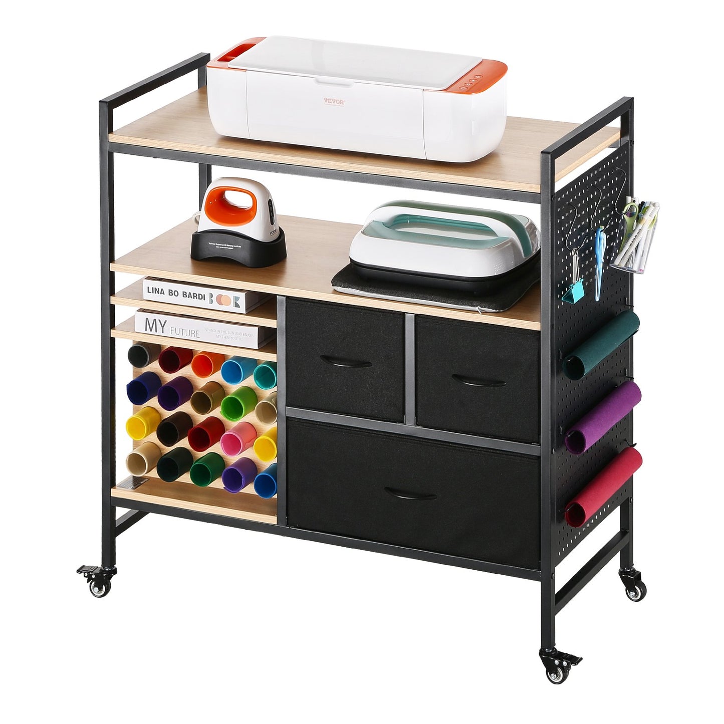 Rolling Craft Cart and Storage Table with 20 Vinyl Roll Holders 3 Drawers Black V952-QGJZHSMABGFB20V46V0