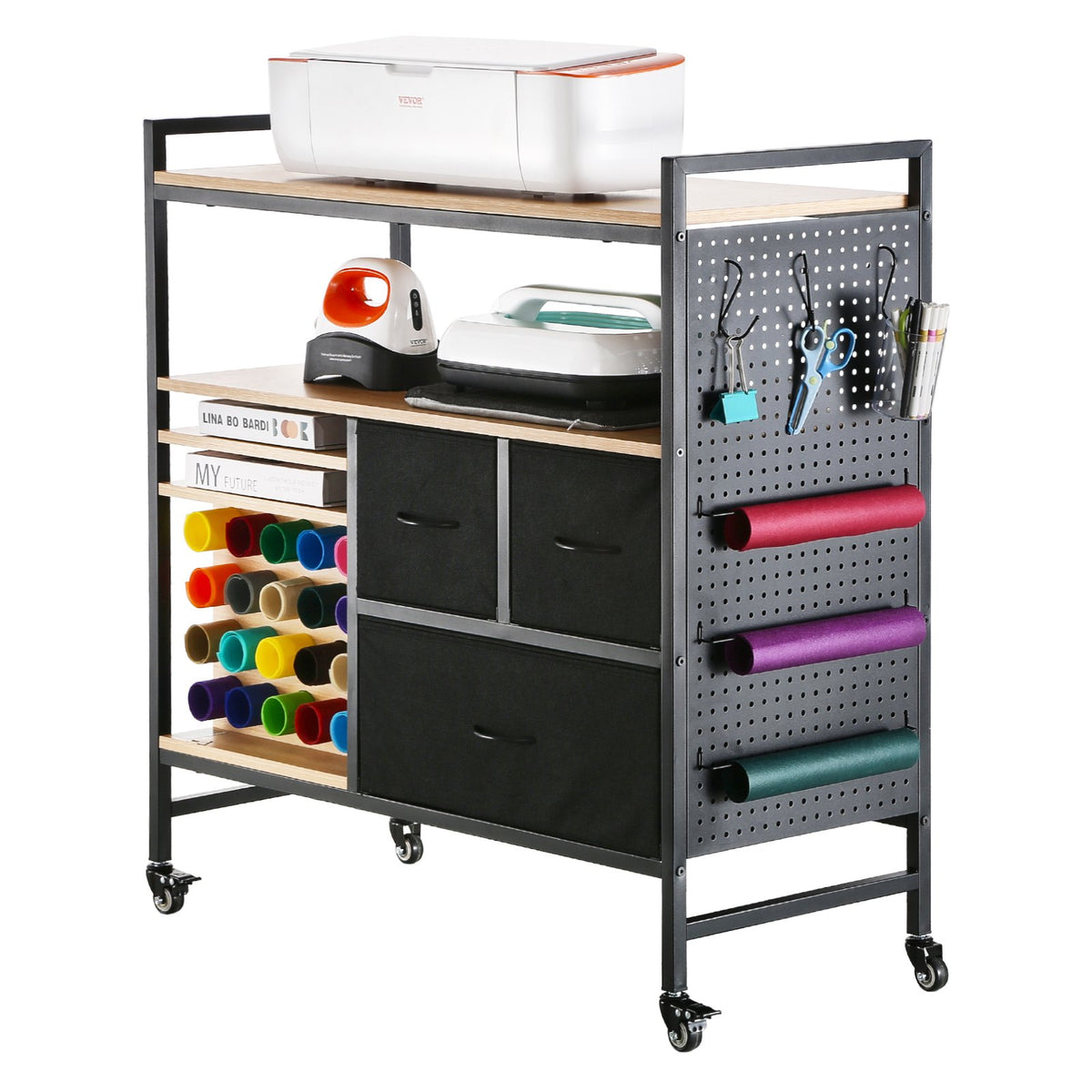 Rolling Craft Cart and Storage Table with 20 Vinyl Roll Holders 3 Drawers Black V952-QGJZHSMABGFB20V46V0