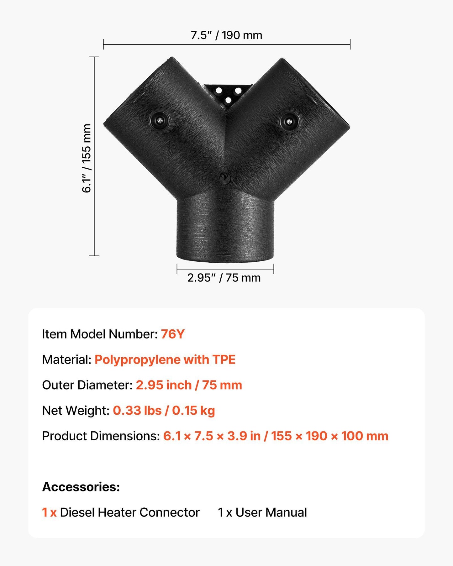 Diesel Heater Connector, 75mm Diesel Heater Duct Connector Accessories, 3-Way Y Branch Diesels Heaters Air V952-QGPJCFGLJQSTU3AUI001V0