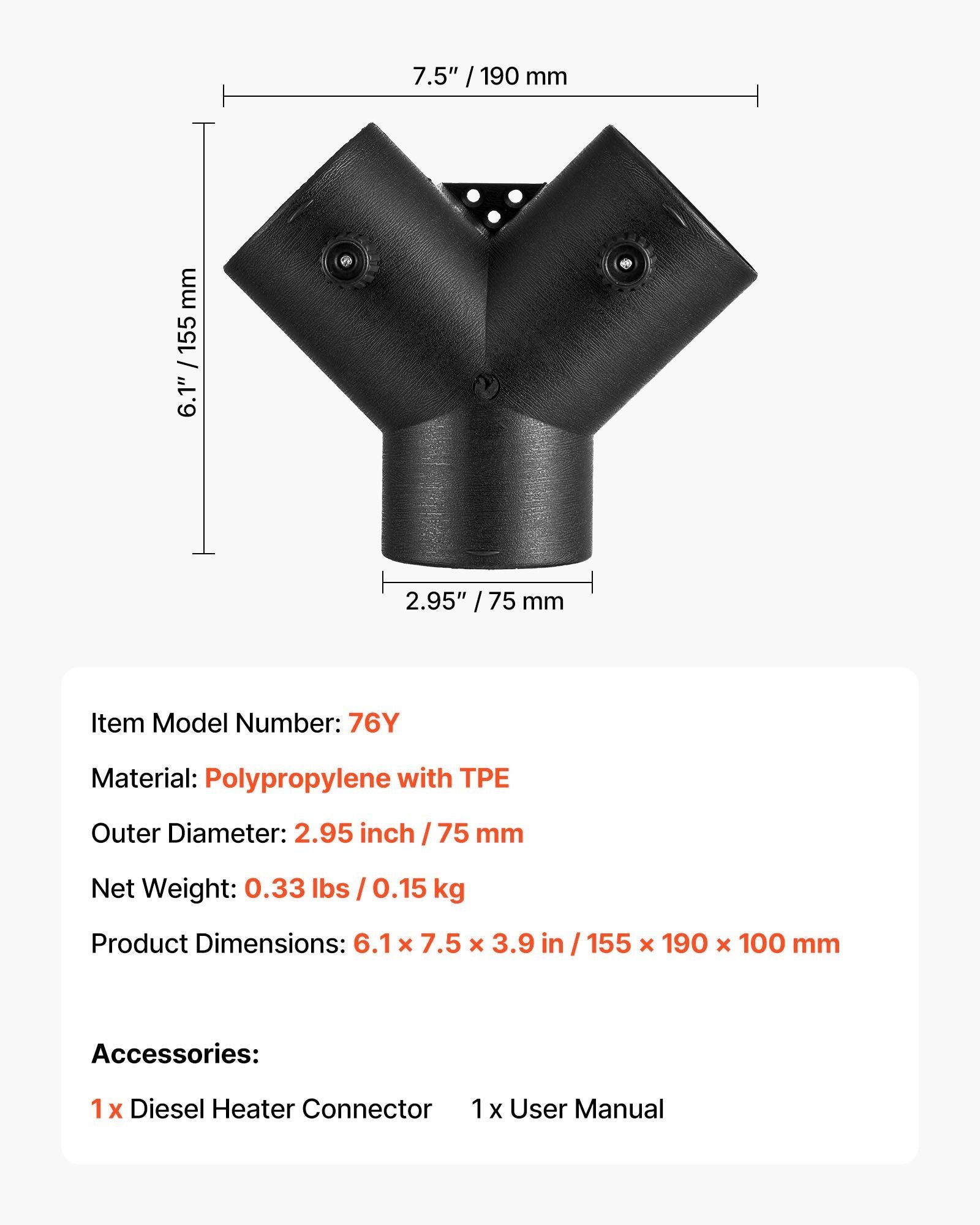 Diesel Heater Connector, 75mm Diesel Heater Duct Connector Accessories, 3-Way Y Branch Diesels Heaters Air V952-QGPJCFGLJQSTU3AUI001V0
