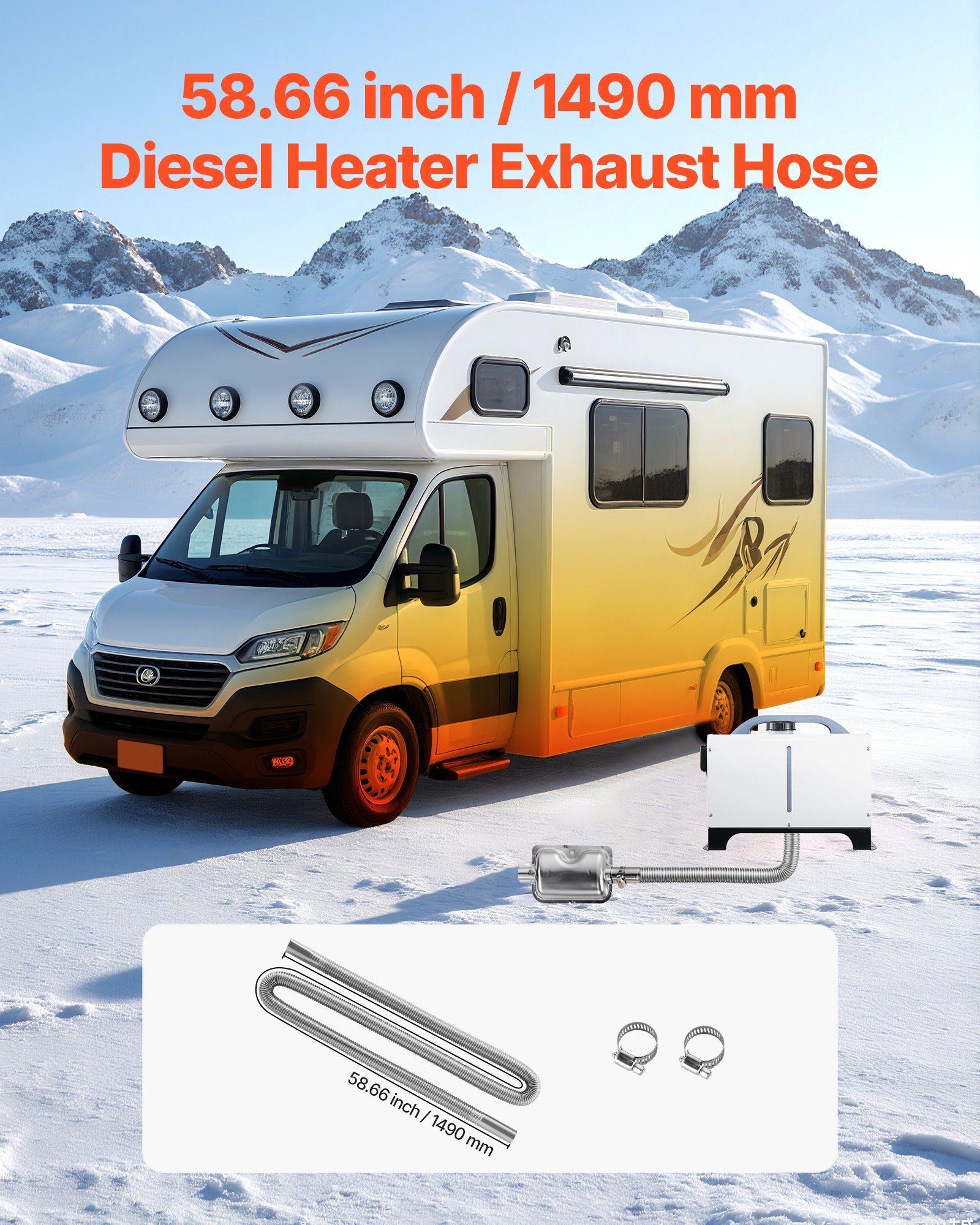 Exhaust Hose, 1490mm Stainless Steel Exhausts Hose, Diesel Heater Flexible Exhaust Pipe with 2 Hose Clamps, V952-QGPJPQGPQGYTIZR3A001V0