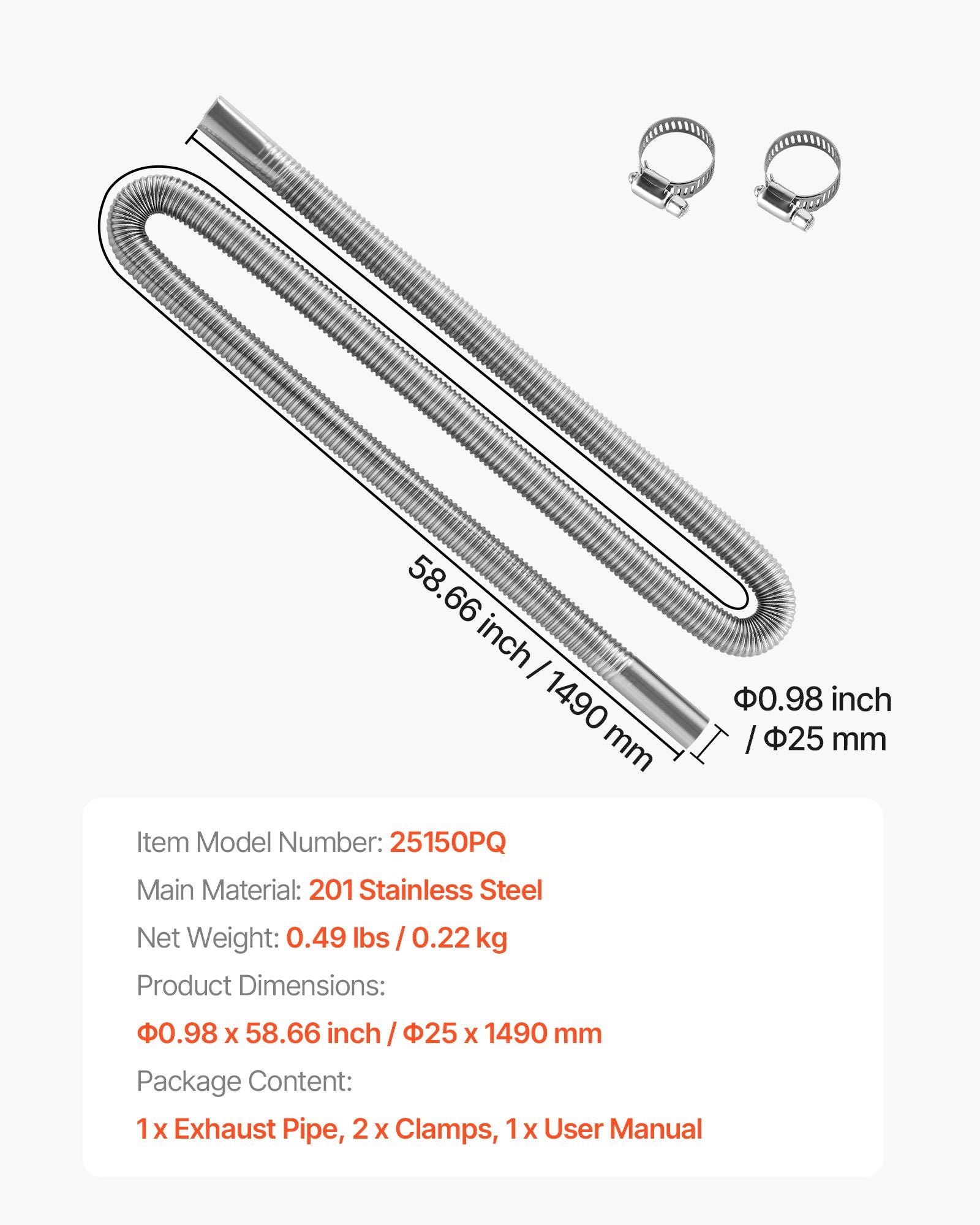 Exhaust Hose, 1490mm Stainless Steel Exhausts Hose, Diesel Heater Flexible Exhaust Pipe with 2 Hose Clamps, V952-QGPJPQGPQGYTIZR3A001V0