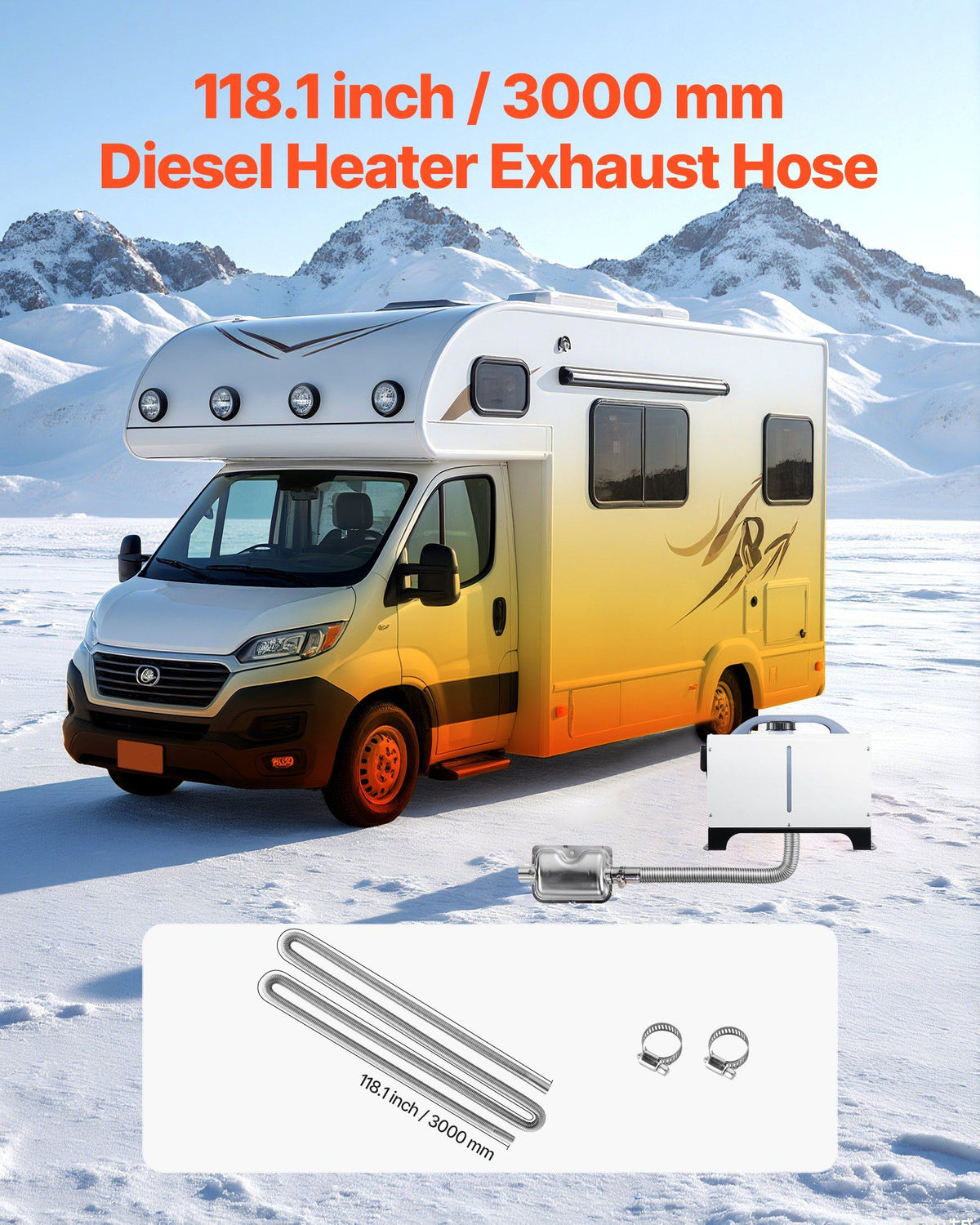 Exhaust Hose, 3000mm Stainless Steel Exhausts Hose, Diesel Heater Flexible Exhaust Pipe with 2 Hose Clamps, V952-QGPJPQGPQGYTJDRNG001V0