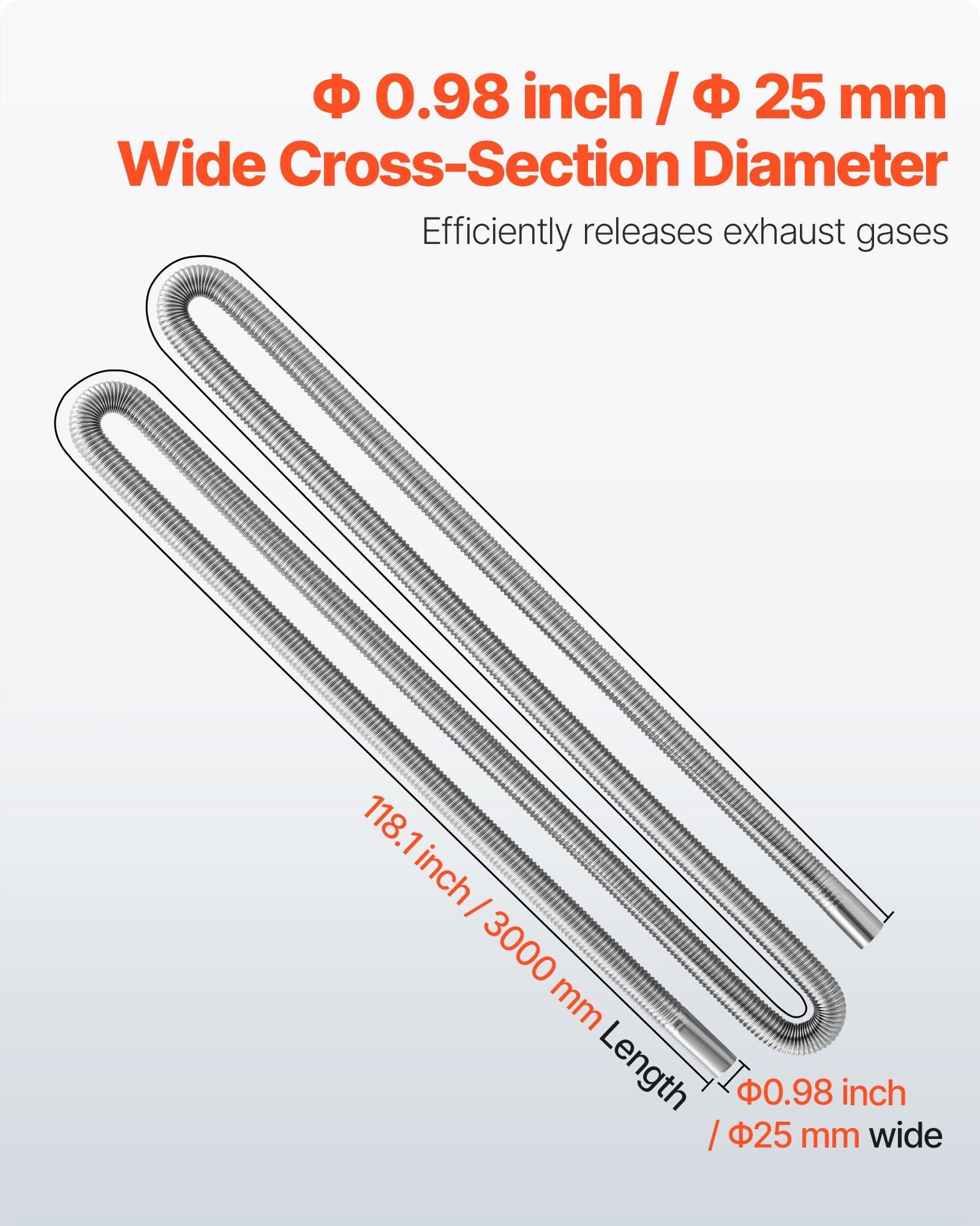Exhaust Hose, 3000mm Stainless Steel Exhausts Hose, Diesel Heater Flexible Exhaust Pipe with 2 Hose Clamps, V952-QGPJPQGPQGYTJDRNG001V0