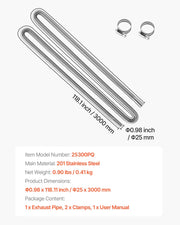 Exhaust Hose, 3000mm Stainless Steel Exhausts Hose, Diesel Heater Flexible Exhaust Pipe with 2 Hose Clamps, V952-QGPJPQGPQGYTJDRNG001V0