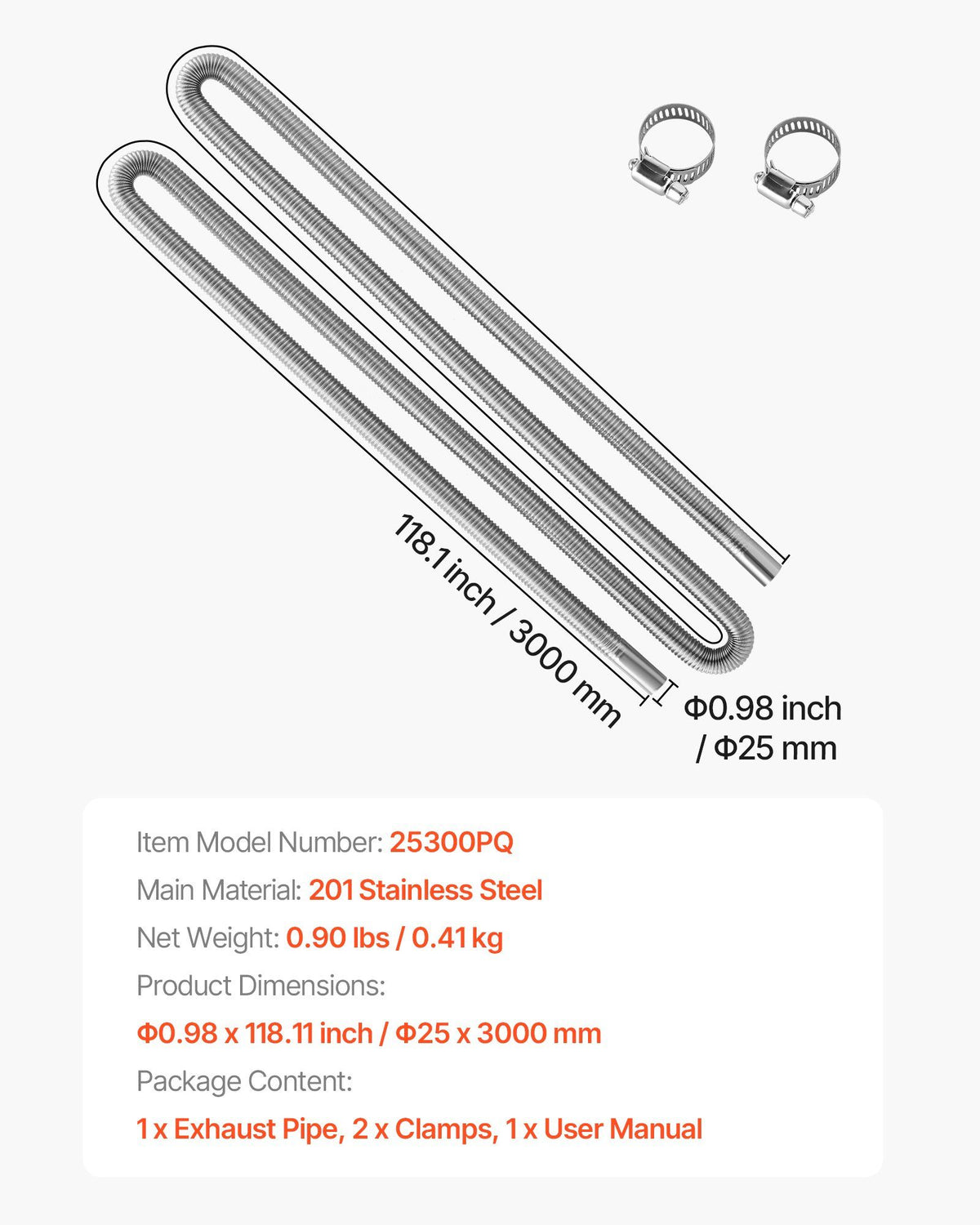 Exhaust Hose, 3000mm Stainless Steel Exhausts Hose, Diesel Heater Flexible Exhaust Pipe with 2 Hose Clamps, V952-QGPJPQGPQGYTJDRNG001V0
