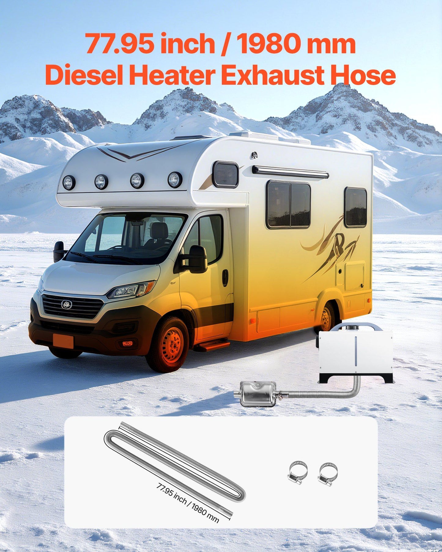 Exhaust Hose, 1980mm Stainless Steel Exhausts Hose, Diesel Heater Flexible Exhaust Pipe with 2 Hose Clamps, V952-QGPJPQGPQGYTS66S4001V0