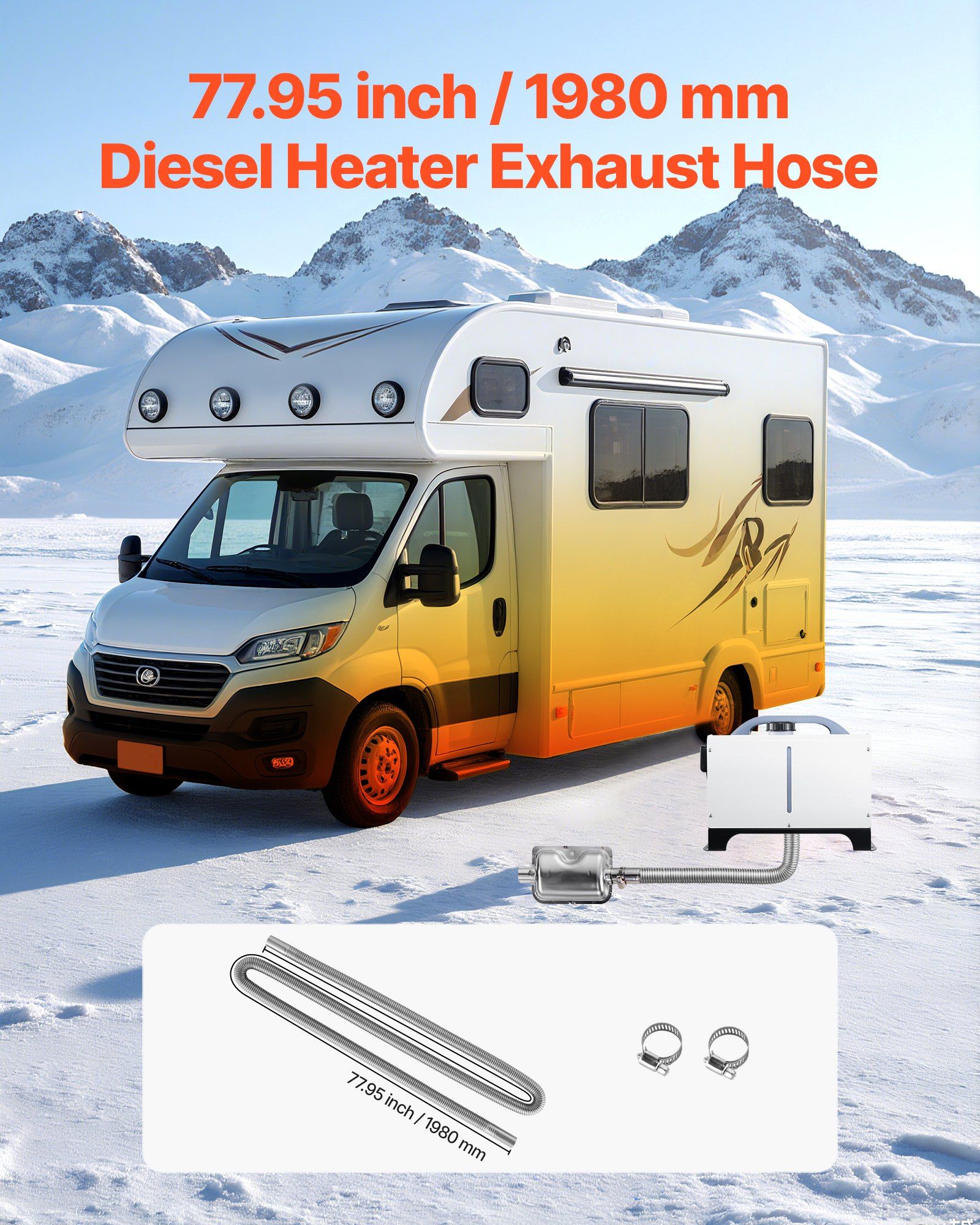 Exhaust Hose, 1980mm Stainless Steel Exhausts Hose, Diesel Heater Flexible Exhaust Pipe with 2 Hose Clamps, V952-QGPJPQGPQGYTS66S4001V0