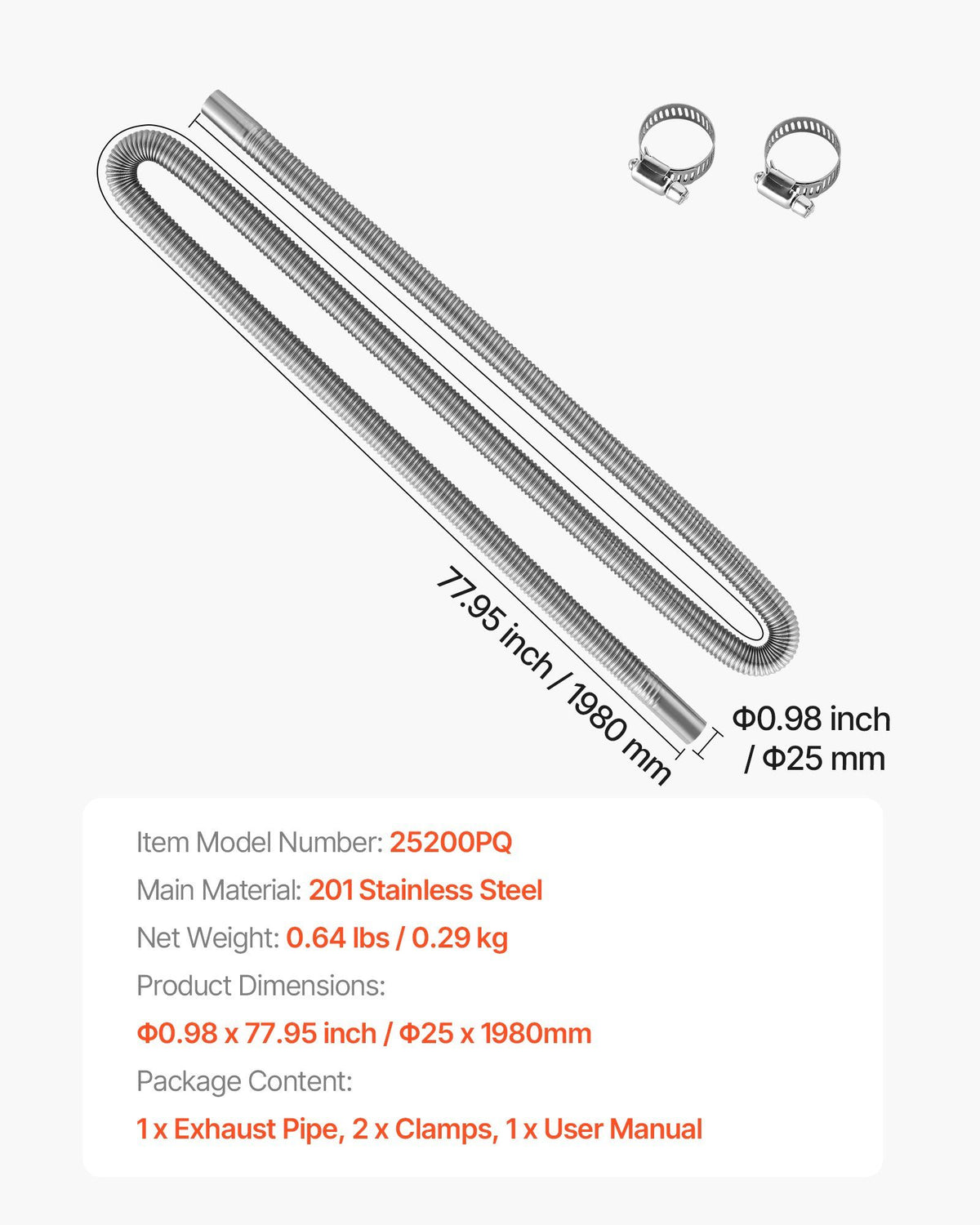 Exhaust Hose, 1980mm Stainless Steel Exhausts Hose, Diesel Heater Flexible Exhaust Pipe with 2 Hose Clamps, V952-QGPJPQGPQGYTS66S4001V0