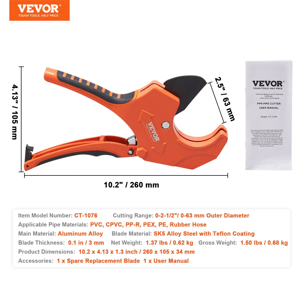 PVC Pipe Cutter, 0-2-1/2" O.D. Ratcheting PVC Pipe Cutter, Heavy Duty Tube Cutting Tool with Spare SK5 Blade V952-QGQPPVC2121PVQFI9V0