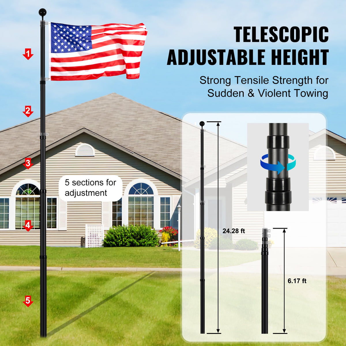 25FT Telescopic Flagpole Kit, Heavy Duty Aluminum Alloy Flag Pole Kit in Ground for Outside, 3 Display Modes V952-QGTJHS25YCSSO5E4YV0