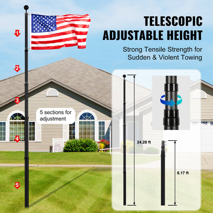 25FT Telescopic Flagpole Kit, Heavy Duty Aluminum Alloy Flag Pole Kit in Ground for Outside, 3 Display Modes V952-QGTJHS25YCSSO5E4YV0