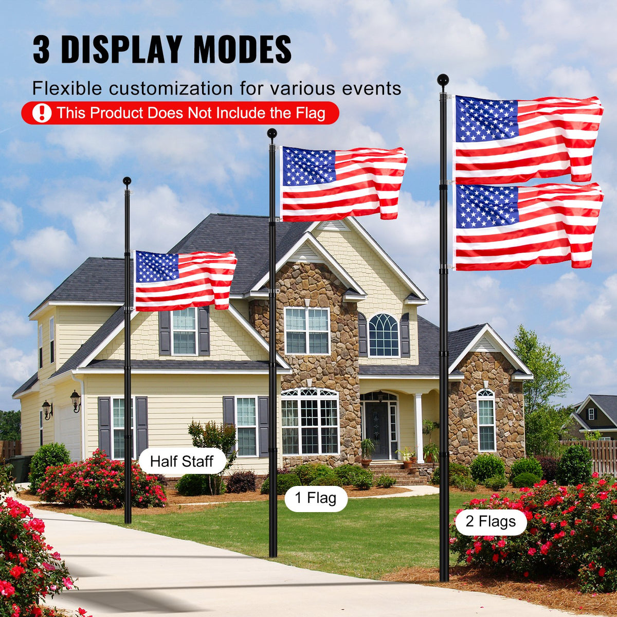 25FT Telescopic Flagpole Kit, Heavy Duty Aluminum Alloy Flag Pole Kit in Ground for Outside, 3 Display Modes V952-QGTJHS25YCSSO5E4YV0