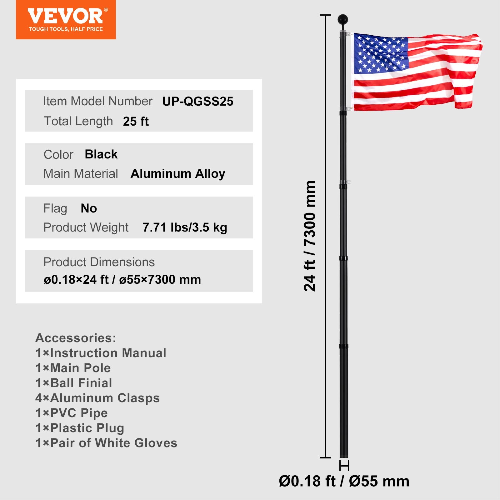 25FT Telescopic Flagpole Kit, Heavy Duty Aluminum Alloy Flag Pole Kit in Ground for Outside, 3 Display Modes V952-QGTJHS25YCSSO5E4YV0