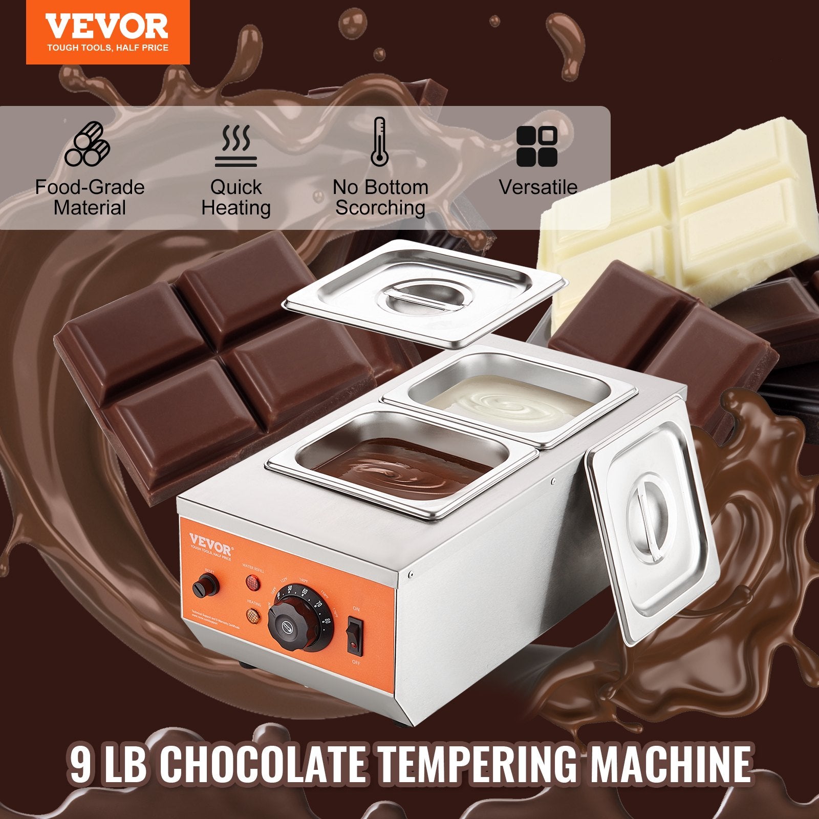 Chocolate Tempering Machine, 2 Tanks Chocolate Melting Pot with TEMP Control, 800W Stainless Steel Electric V952-QKLR9800W3042CKX1V3