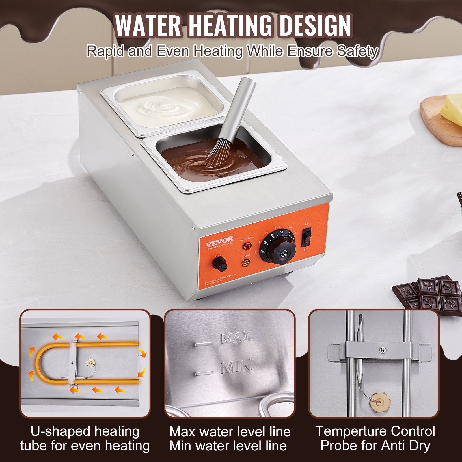 Chocolate Tempering Machine, 2 Tanks Chocolate Melting Pot with TEMP Control, 800W Stainless Steel Electric V952-QKLR9800W3042CKX1V3