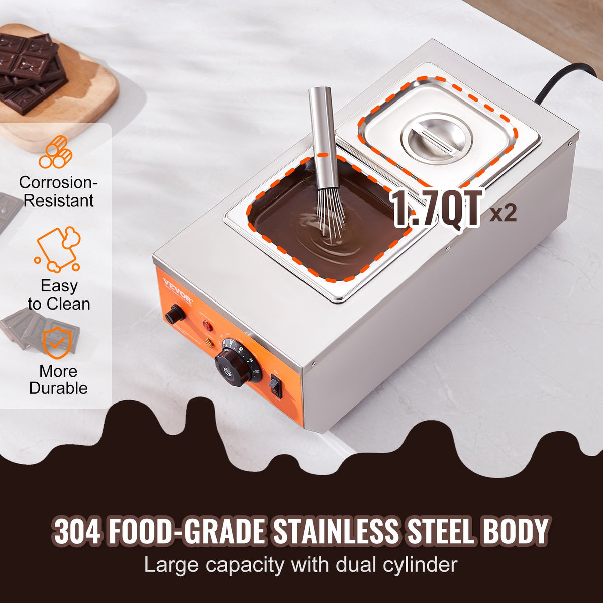 Chocolate Tempering Machine, 2 Tanks Chocolate Melting Pot with TEMP Control, 800W Stainless Steel Electric V952-QKLR9800W3042CKX1V3