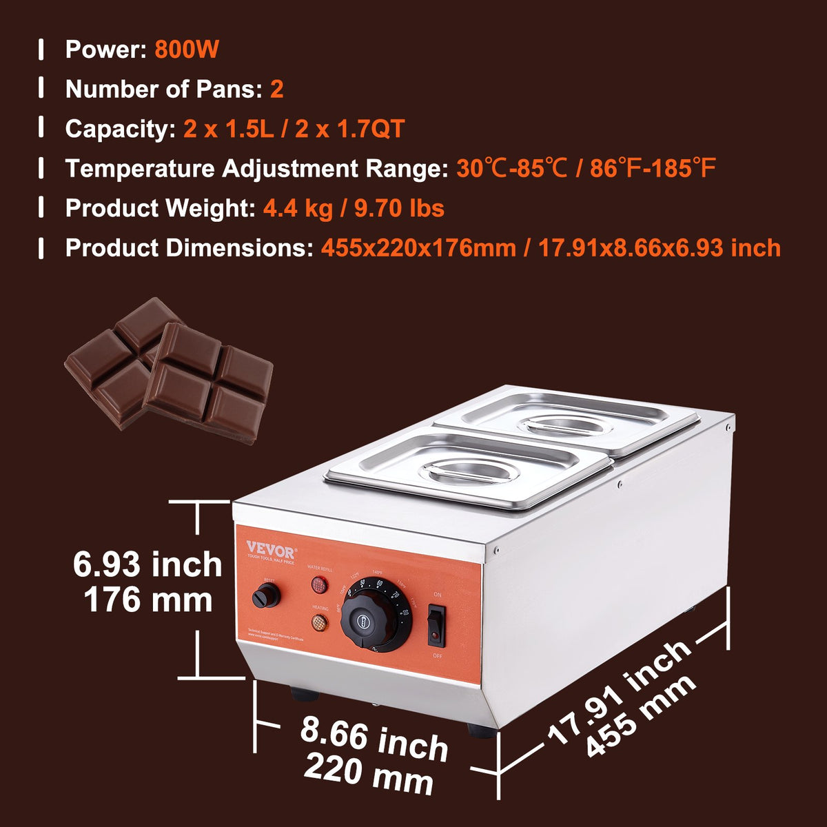 Chocolate Tempering Machine, 2 Tanks Chocolate Melting Pot with TEMP Control, 800W Stainless Steel Electric V952-QKLR9800W3042CKX1V3