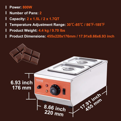 Chocolate Tempering Machine, 2 Tanks Chocolate Melting Pot with TEMP Control, 800W Stainless Steel Electric V952-QKLR9800W3042CKX1V3