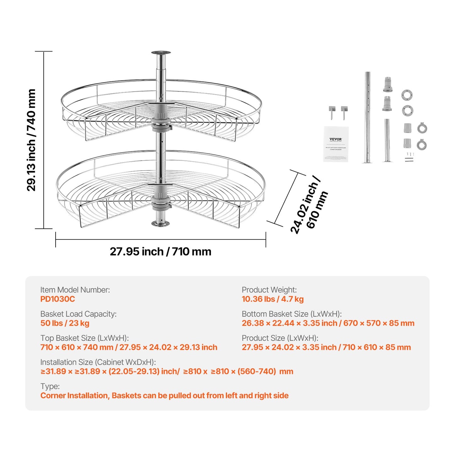 28" Kidney Shaped Chrome Corner Organizer, 360 degrees Rotatble Kitchen Base Cabinet Blind Corner, 2 Tier V952-QKXBMJSNLDGGTNJRVV0