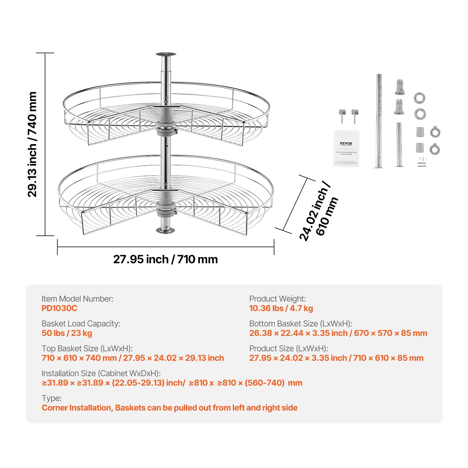 28" Kidney Shaped Chrome Corner Organizer, 360 degrees Rotatble Kitchen Base Cabinet Blind Corner, 2 Tier V952-QKXBMJSNLDGGTNJRVV0
