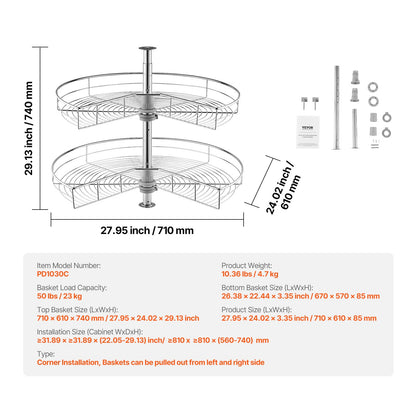 28" Kidney Shaped Chrome Corner Organizer, 360 degrees Rotatble Kitchen Base Cabinet Blind Corner, 2 Tier V952-QKXBMJSNLDGGTNJRVV0