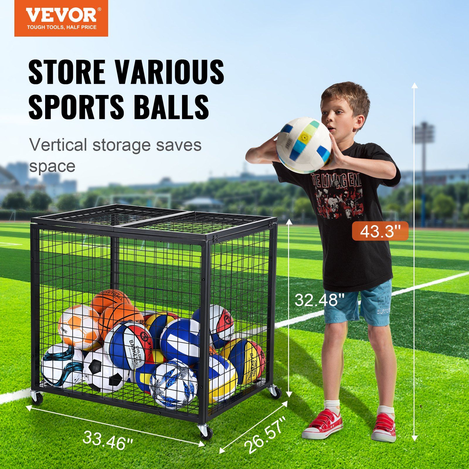 Rolling Sports Ball Storage Cart, Basketball Cage with Double Lids, Sport Equipment Holder Organizer for V952-QL363026YCTJW44KTV0