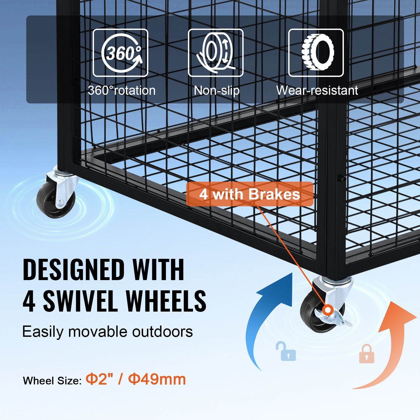 Rolling Sports Ball Storage Cart, Basketball Cage with Double Lids, Sport Equipment Holder Organizer for V952-QL363026YCTJW44KTV0