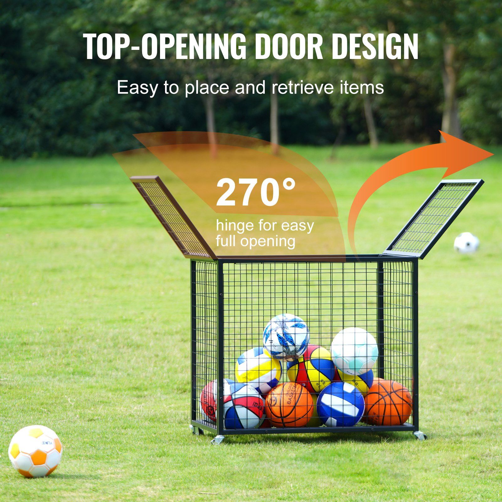 Rolling Sports Ball Storage Cart, Basketball Cage with Double Lids, Sport Equipment Holder Organizer for V952-QL363026YCTJW44KTV0