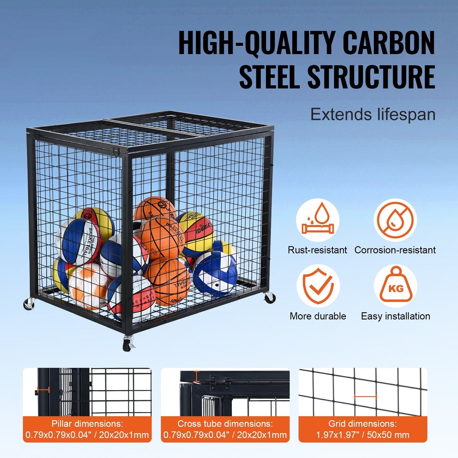 Rolling Sports Ball Storage Cart, Basketball Cage with Double Lids, Sport Equipment Holder Organizer for V952-QL363026YCTJW44KTV0