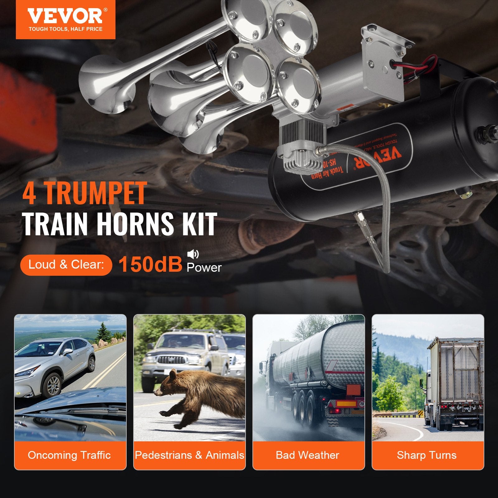 Train Horns Kit, 4 Trumpet Air Horn Kit, 150dB Train Horns for Pickup Trucks, 12V 160 psi Air Compressor 2.6 V952-QLBYCQGTZ12VB362GV9