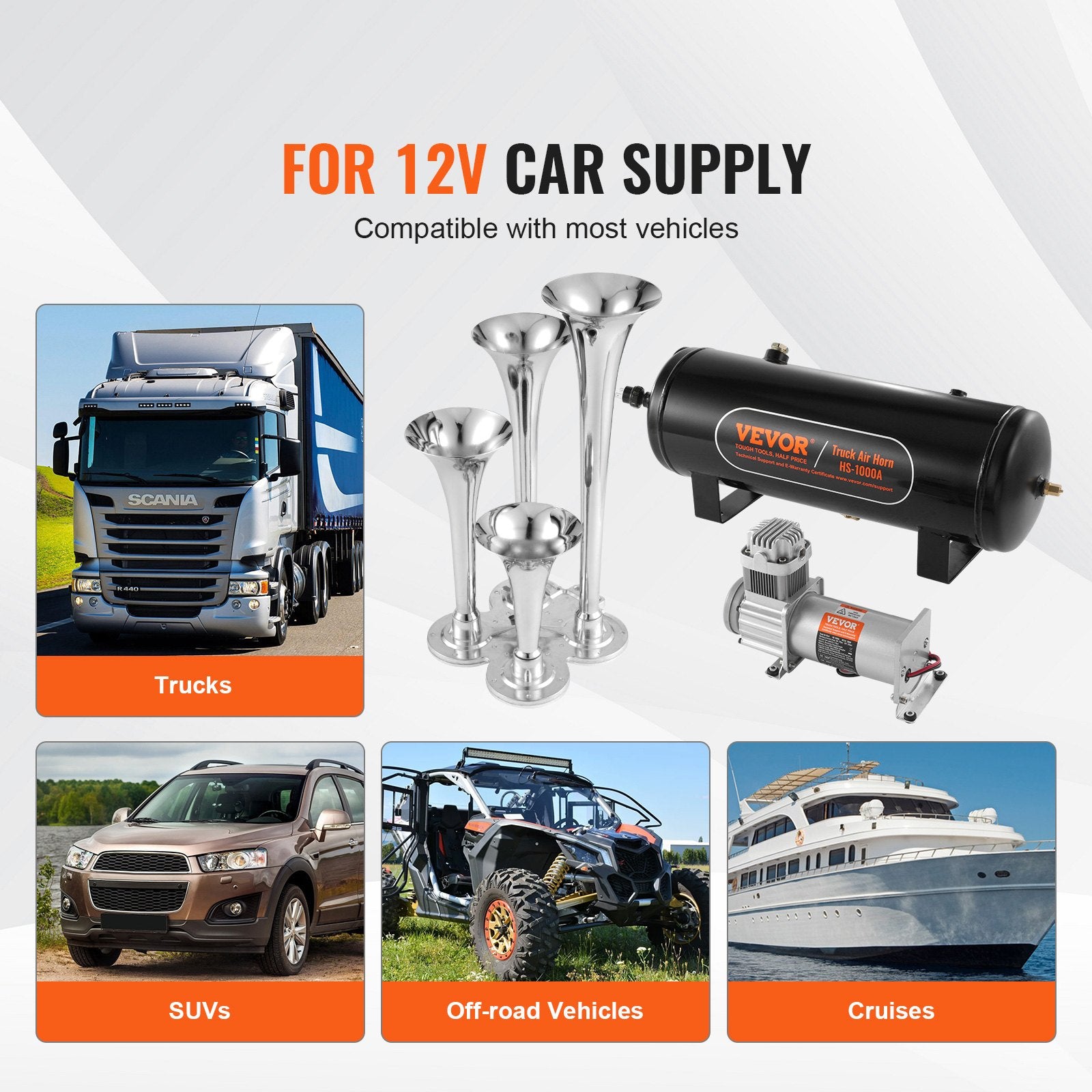 Train Horns Kit, 4 Trumpet Air Horn Kit, 150dB Train Horns for Pickup Trucks, 12V 160 psi Air Compressor 2.6 V952-QLBYCQGTZ12VB362GV9