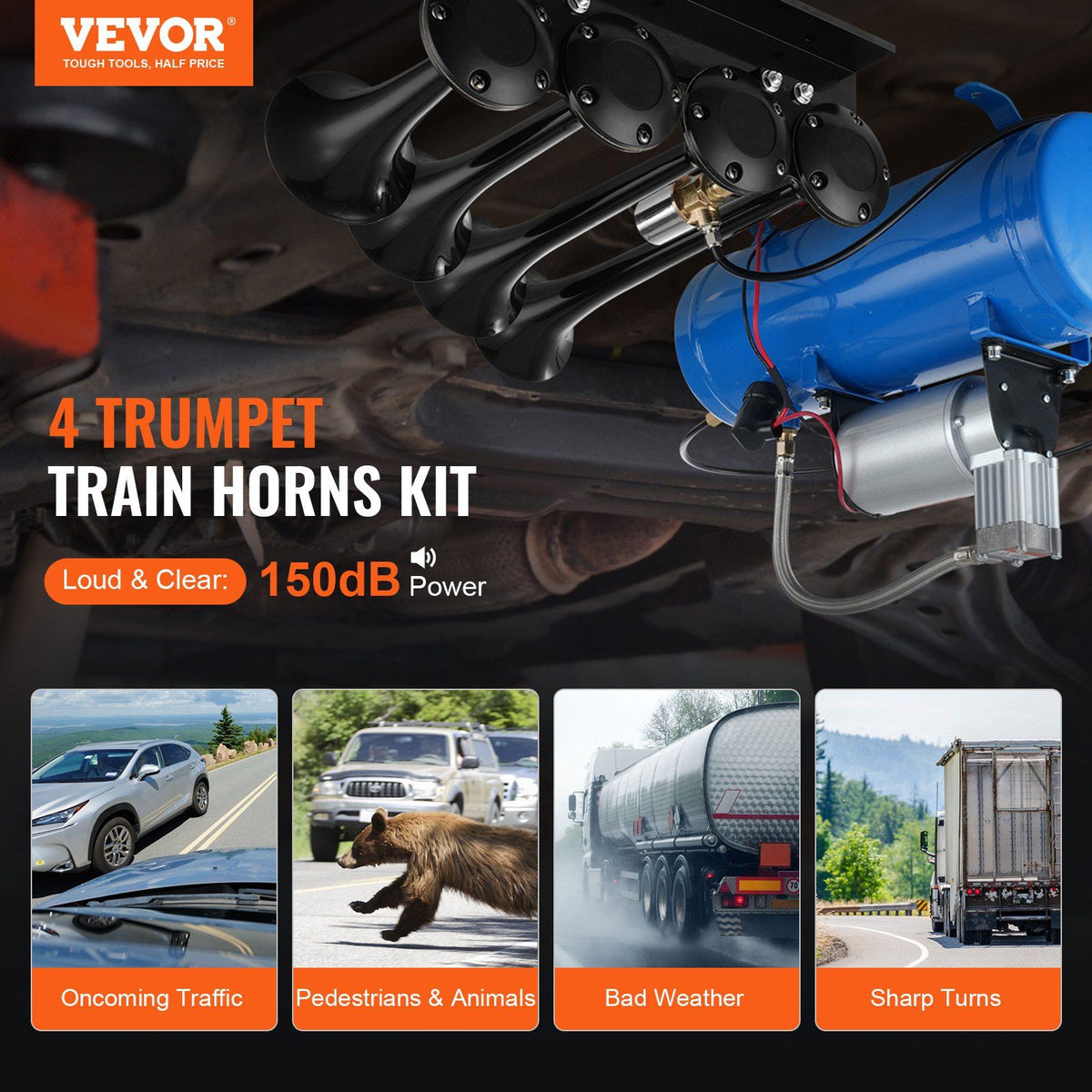 Train Horns Kit, 4 Trumpet Air Horn Kit, 150dB Train Horns for Pickup Trucks, 12V 120 psi Air Compressor 1.6 V952-QLBYCQGTZ12VRGCVHV9