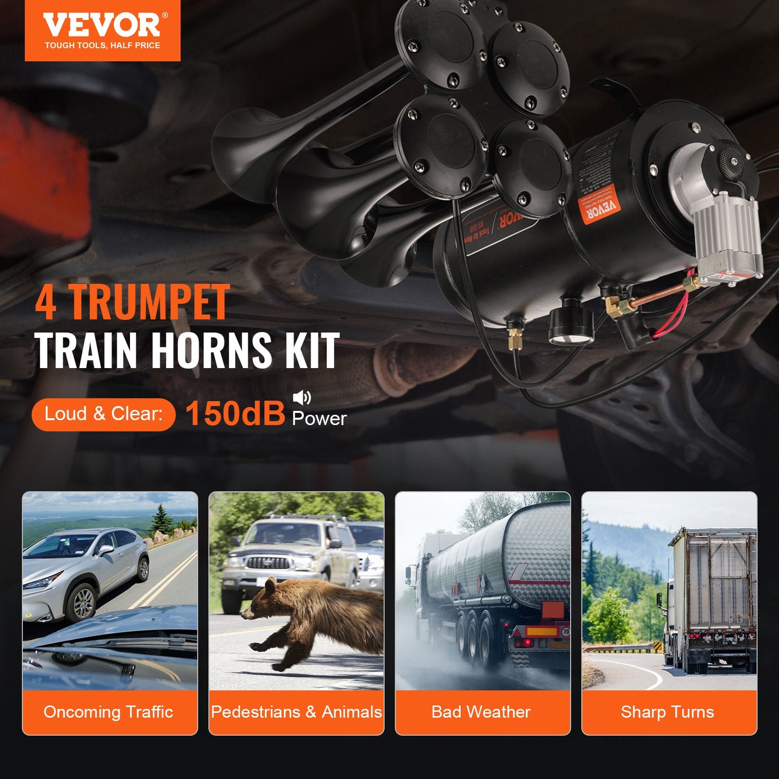 Train Horns Kit, 4 Trumpet Air Horn Kit, 150dB Train Horns for Pickup Trucks, 12V 120 psi Air Compressor 0.8 V952-QLBYCQGTZ3L1Y5P6PV9