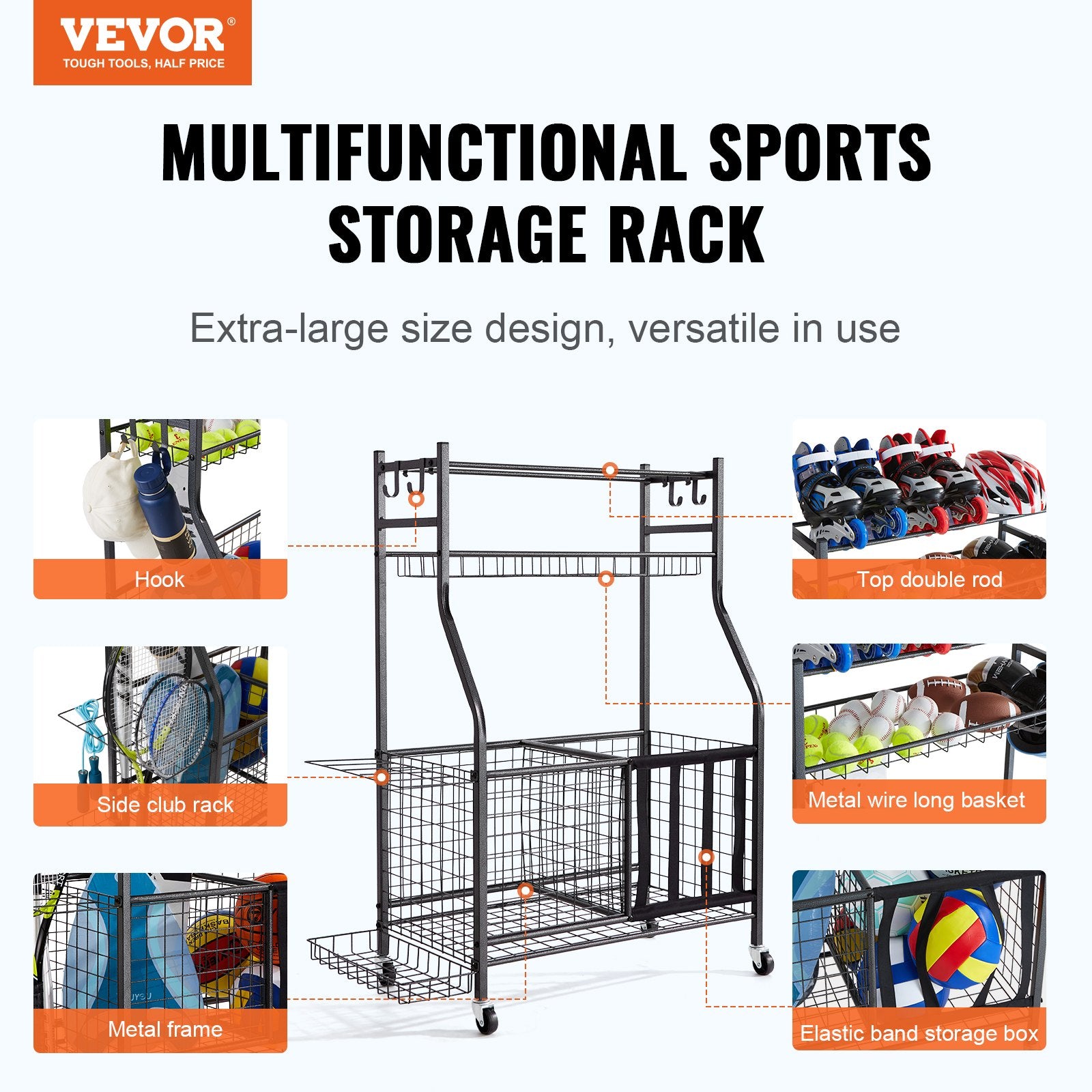 Sports Equipment Garage Organizer, Rolling Ball Storage Cart on Wheels, Basketball Rack with Baskets & Hooks, V952-QLSNJHSS4G2GUA6PTV0