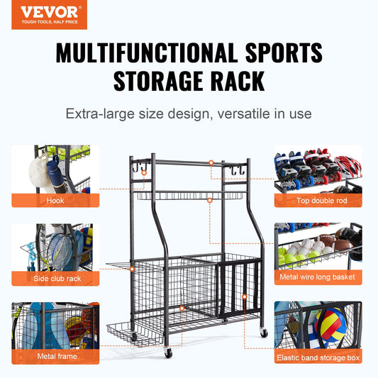 Sports Equipment Garage Organizer, Rolling Ball Storage Cart on Wheels, Basketball Rack with Baskets & Hooks, V952-QLSNJHSS4G2GUA6PTV0