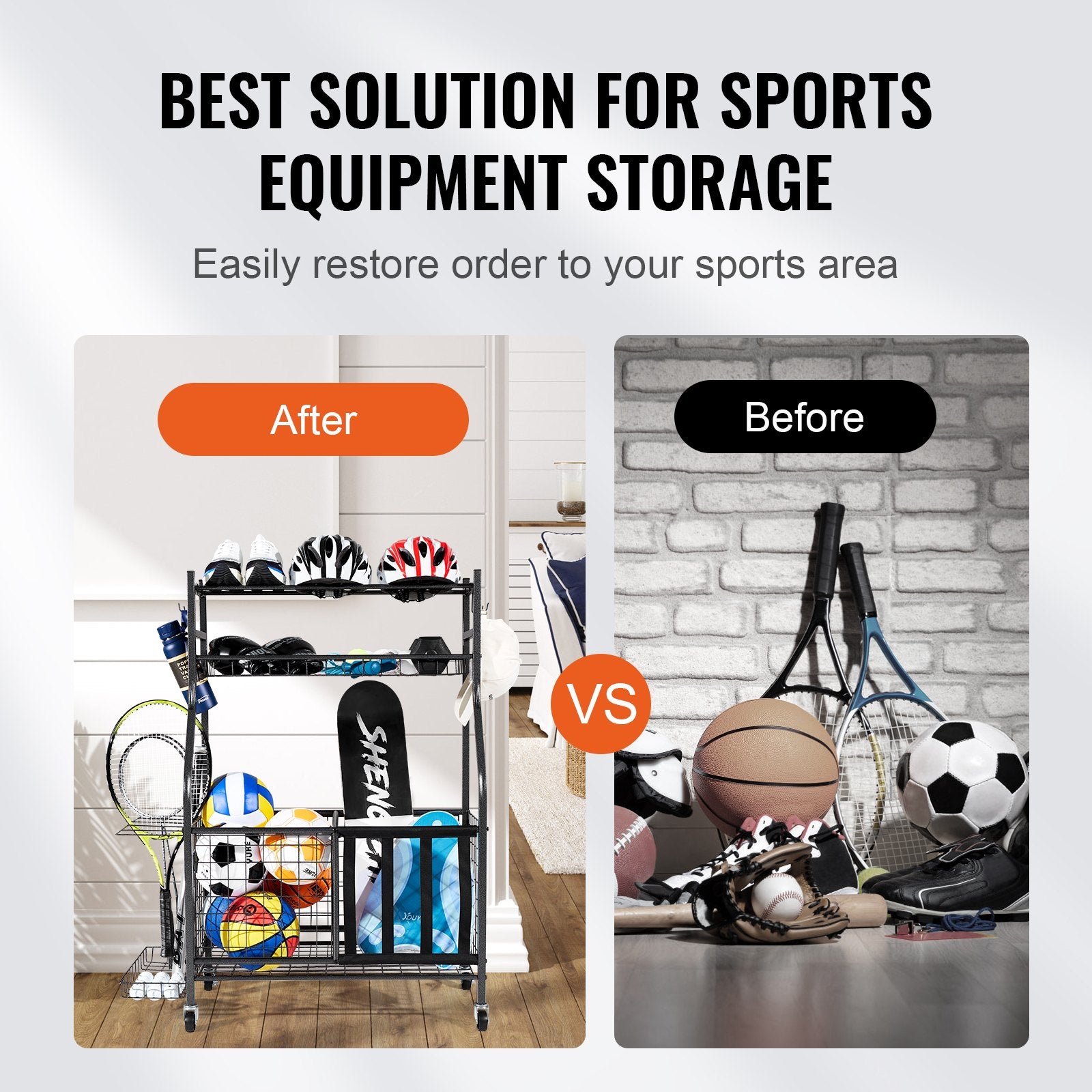 Sports Equipment Garage Organizer, Rolling Ball Storage Cart on Wheels, Basketball Rack with Baskets & Hooks, V952-QLSNJHSS4G2GUA6PTV0